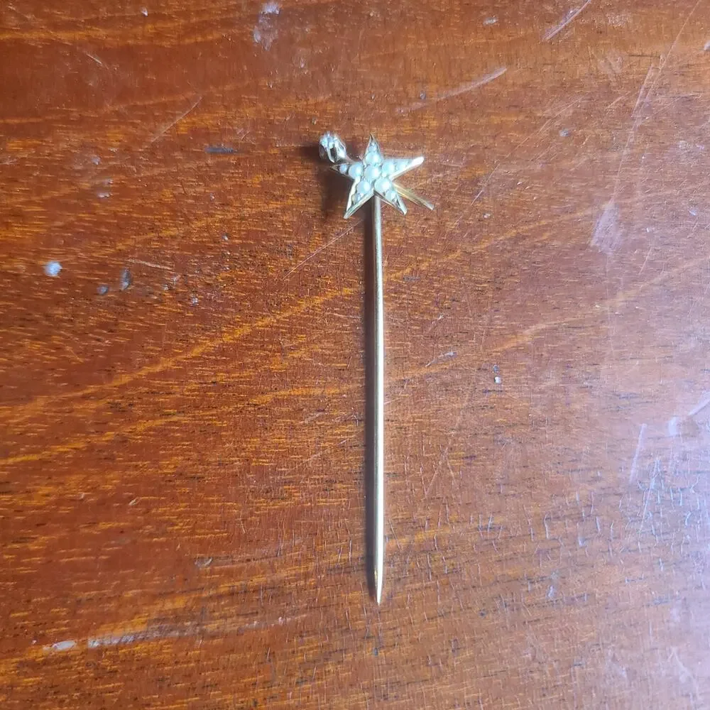 Antique Victorian 14K Gold Pearl & Diamond Starburst Stick Pin – Celestial Star - Picture 8 of 9